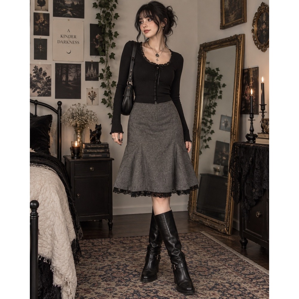 Ann Taylor Trumpet Skirt Women 2 Gray Wool Blend Lace Trim Dark Academia Tweed